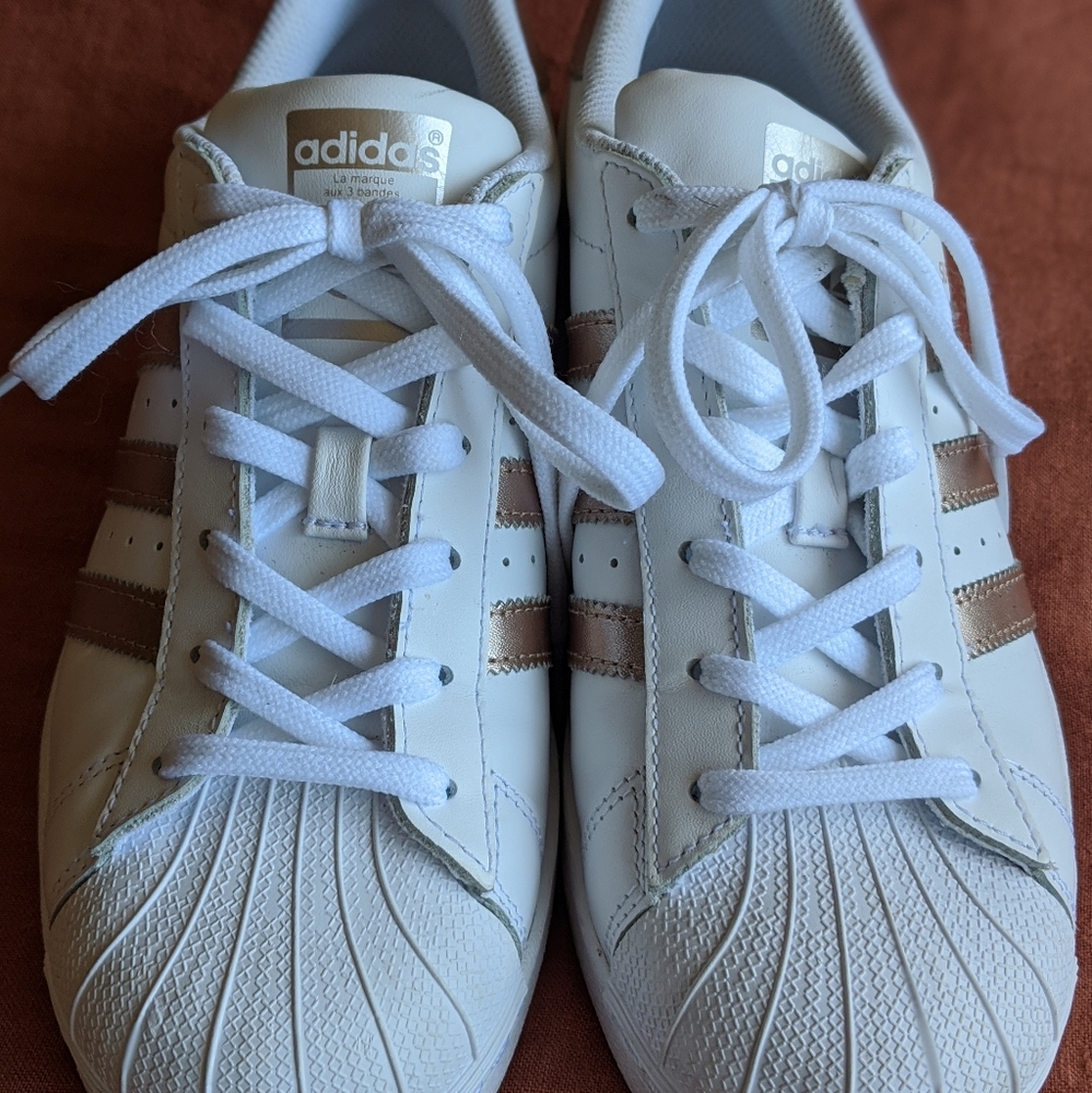 Adidas Superstar with Rose Gold stripes women's 7